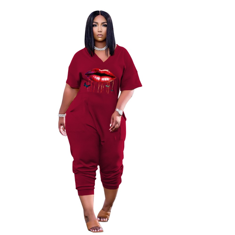 S-5XL Summer 2023 Women Clothing Plus Size Jumpsuits Fashion Printing Short Sleeve Loose Casual Sport Long Romper Female Outfits