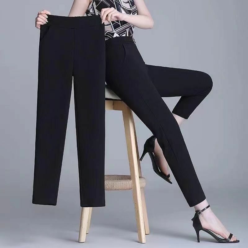 Nero bianco colore alta Strecth primavera estate pantaloni a matita tasca decorazione elastico in vita Plus Size pantaloni Casual a tre quarti