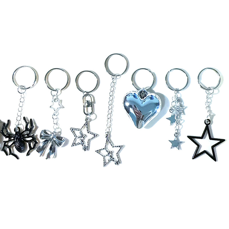 Y2K gantungan kunci Metal warna perak, gantungan kunci logam Harajuku Korea, Gantungan Kunci bintang hati, gantungan kunci mobil, dompet liontin tas modis