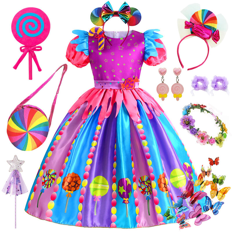 Girls Rainbow Sweet Candy Costume Kids Lollipop Cosplay Princess Fancy Dress Children Birthday Carnival Purim Party Clothes 2-9T