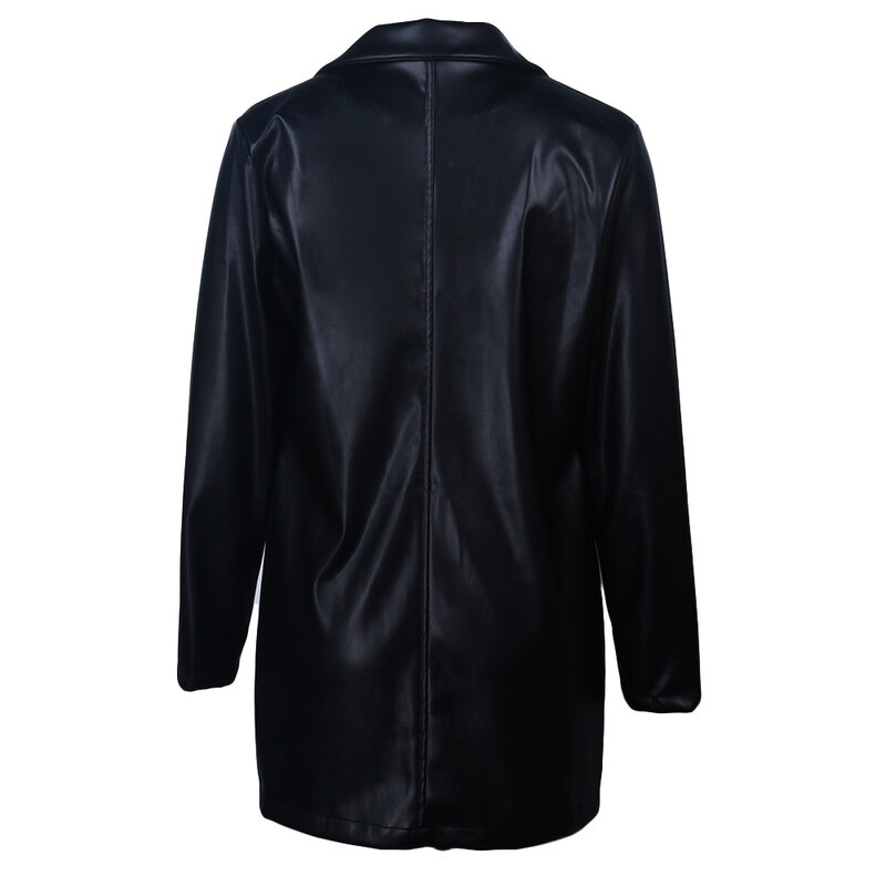 Blazer de couro falso feminino, jaqueta de peito único, couro preto, outwear longo, roupas da moda, outono e inverno 2022