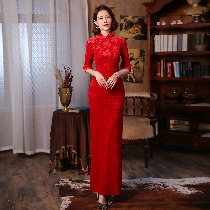 2022 Gaun Panjang Gaya Cina Catwalk Slim Cheongsam Gaun Qipao Merah Wanita Gaun Katun Pesta Pernikahan Hanfu Musim Panas Gratis Ongkos Kirim