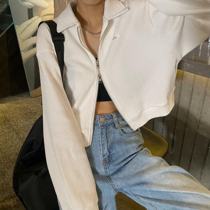 Mulheres Colheitas Zipper Minimalista Verão Popular Turn Down Collar Chic À Prova de Sol Harajuku All-Match Slim Simples Ropa