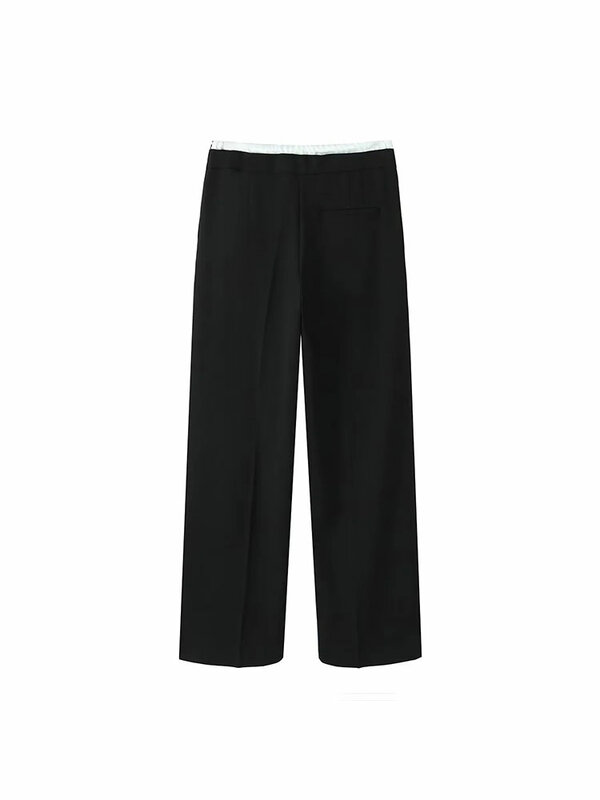 TRAF-Pantalon Décontracté Basique Noir pour Femme, Vêtement de Proximité, avec Cordon de Serrage à la Taille, Droit, Jambes Larges, Automne 2024