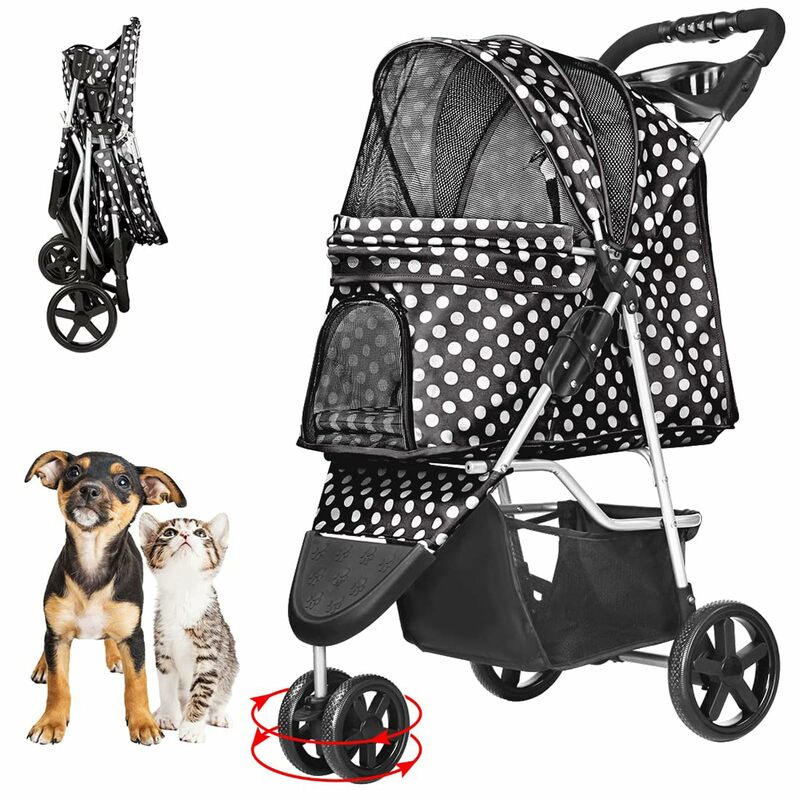 Planeador negro de lunares para mascotas, cochecito para perros medianos/pequeños, plegable de 3 ruedas, jaula, cesta