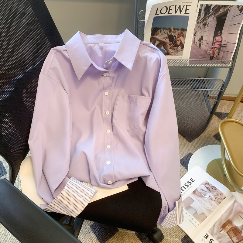 Camisa a rayas con costuras para mujer, blusa holgada de manga larga con botones, informal, a la moda, primavera y otoño, J06, 2024