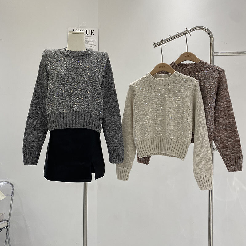 Miiiix-Jersey de cuello redondo para mujer, suéter corto de punto con lentejuelas, versátil, estilo reductor de edad, moda coreana, otoño e invierno, 2024