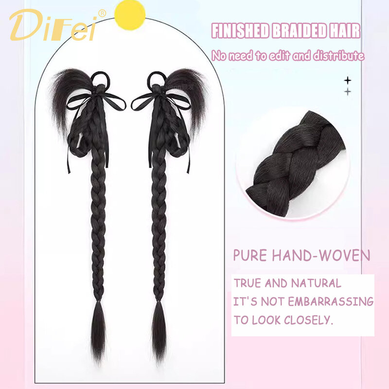 DIFEI Synthetic Wig Braid Female Spice Girl Chicken Feather Boxing Braided Hair Sweet Cool Drooping Ears Double Ponytail Wig