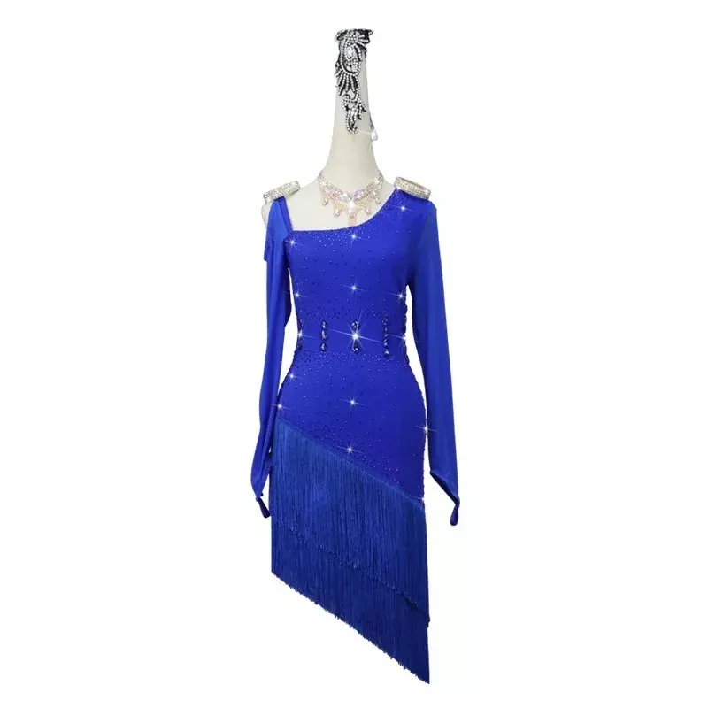 Robe de danse latine bleue pour femme, tenue d'entraînement de salle de Rh, costume de Rhen lin imbibé, jupe de soirée pour femme, vêtements à franges, samba pour fille