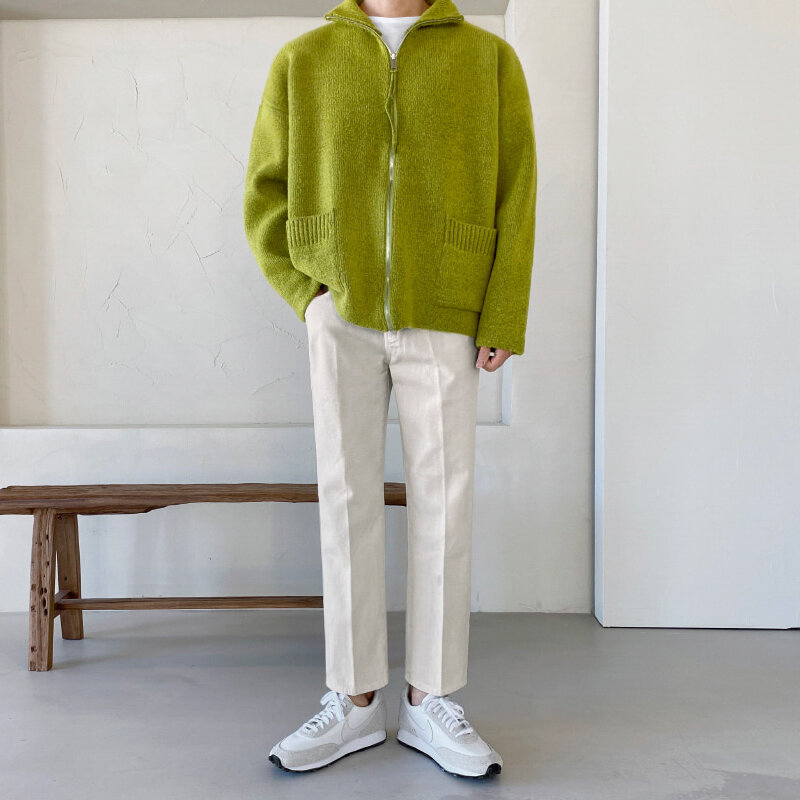 Cardigan de gola alta masculina, suéteres grossos de malha com zíper, blusas monocromáticas, moda coreana M171, outono e inverno, 2023