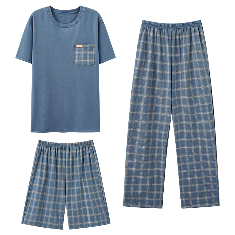 Conjunto de Pijama de algodón para Hombre, conjunto de ropa de dormir de 3 piezas, Tops, pantalones cortos y pantalones largos, chándal informal de verano, L-XXXXL de yardas grandes
