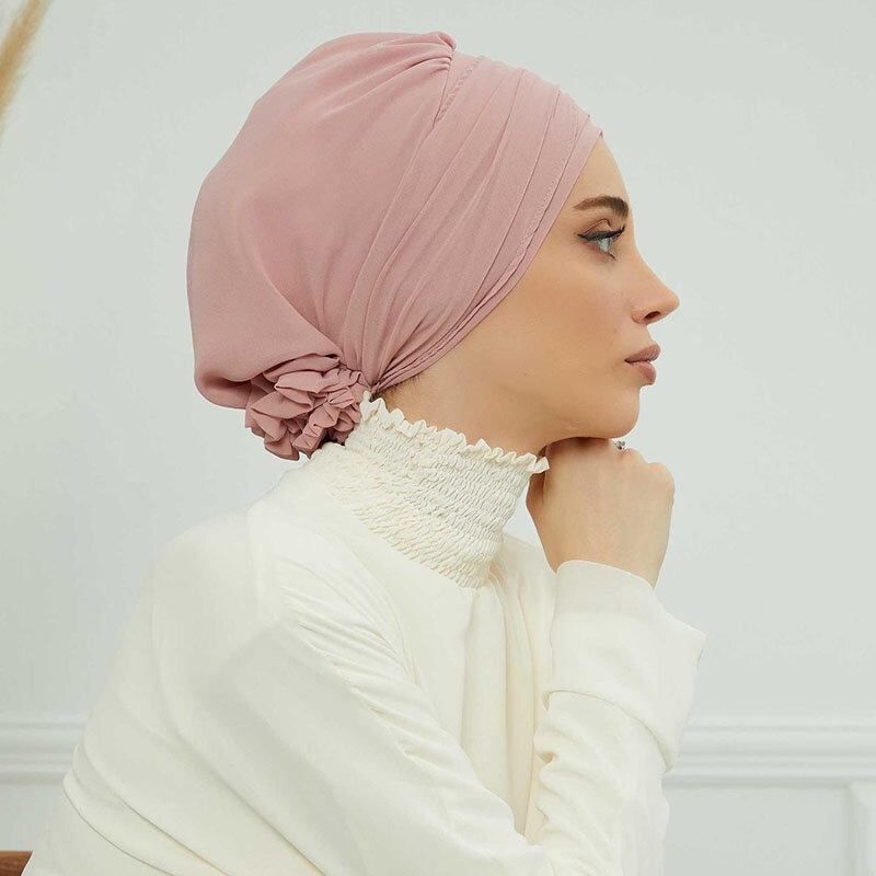 Chapéu de Turbante Instantâneo Muçulmano para Mulheres, Plain Inner Hijabs, Bandana Islâmica, Índia Bonnet, Envoltório Cabeça Feminina, Chapéu Flor