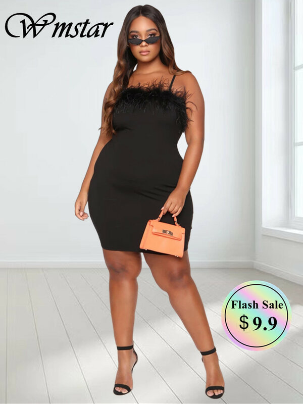 Wmstar gaun ukuran besar untuk wanita gaun Mini bulu melar hitam seksi tanpa lengan pakaian musim panas grosir Dropshipping