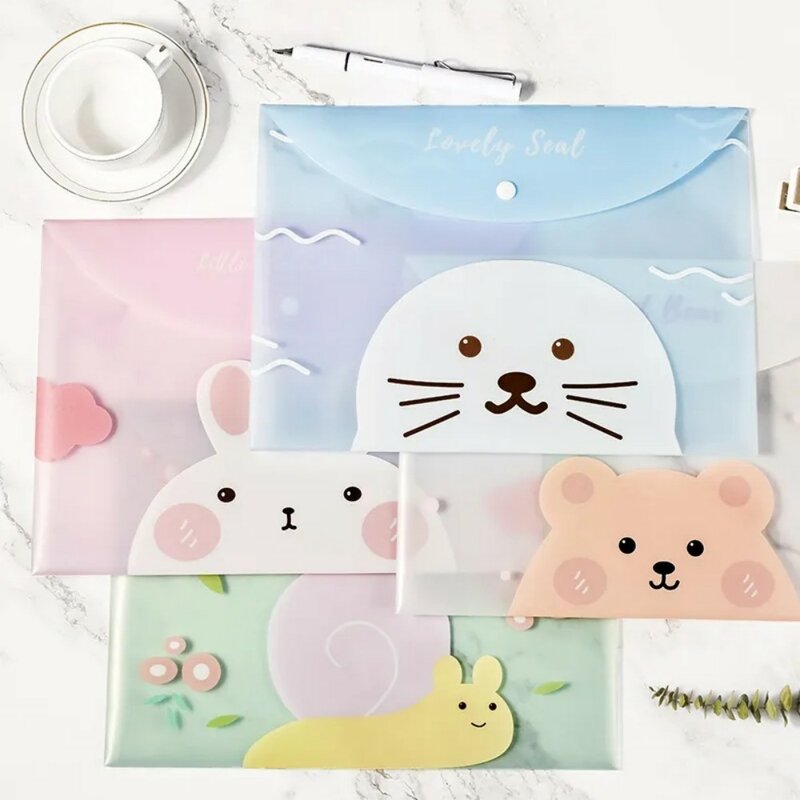4pcs File Bags for Document Cute Cartoon File Holder Snap Button PVC Folder Pen Box Office Information Bag Student Stationery