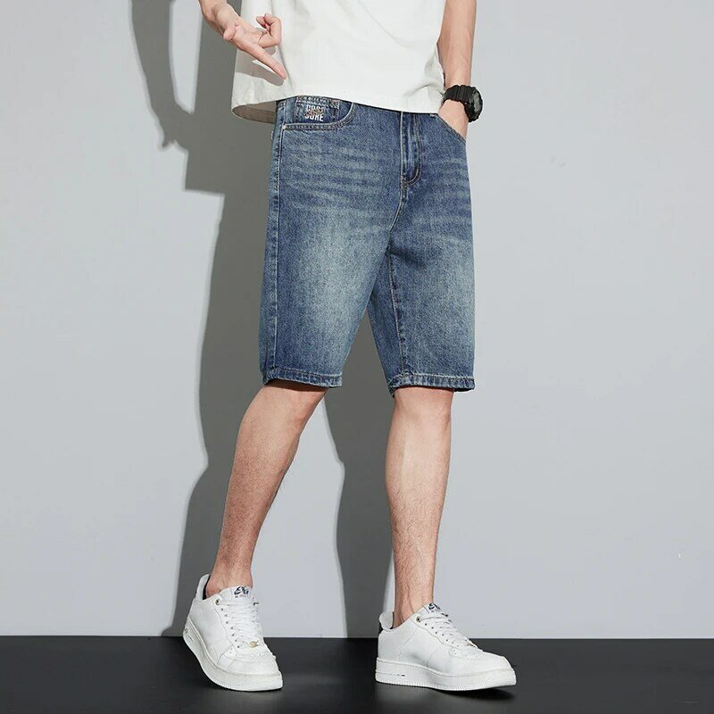 Kstun-azul denim shorts para homens, magro, reto, comprimento do joelho, streetwear, casual, roupas de verão, 2024