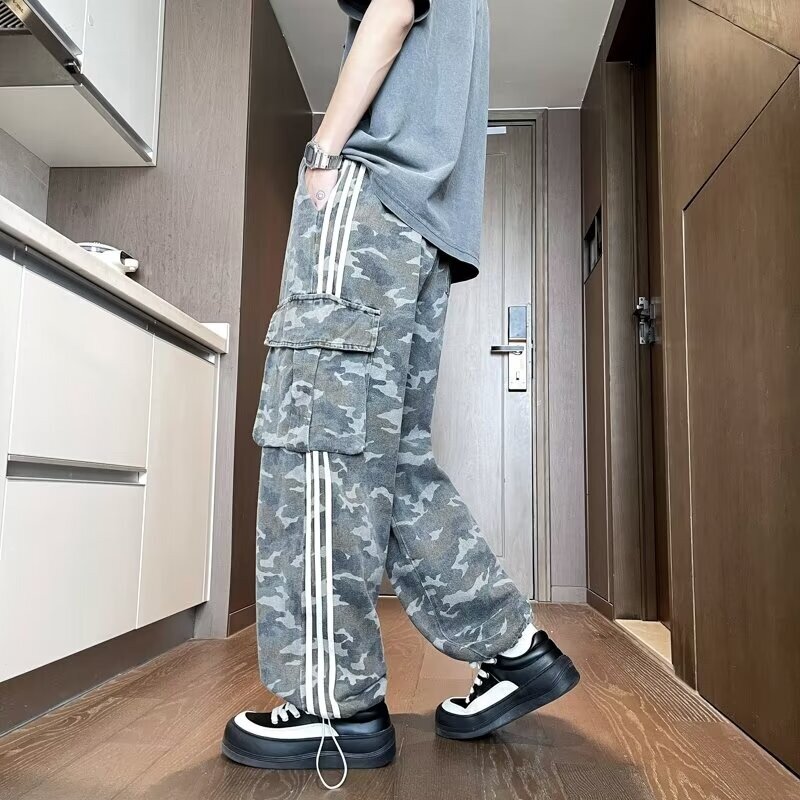 Camouflage Striped Cargo Pants Men American Style Casual High Street Loose Straight Leg Drawstring Full Length Trousers Male