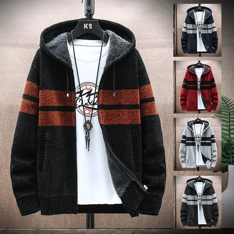 Foreign trade hooded cardigan sweater men's autumn and winter loose fit large size short knit shirt Chenille men's coat