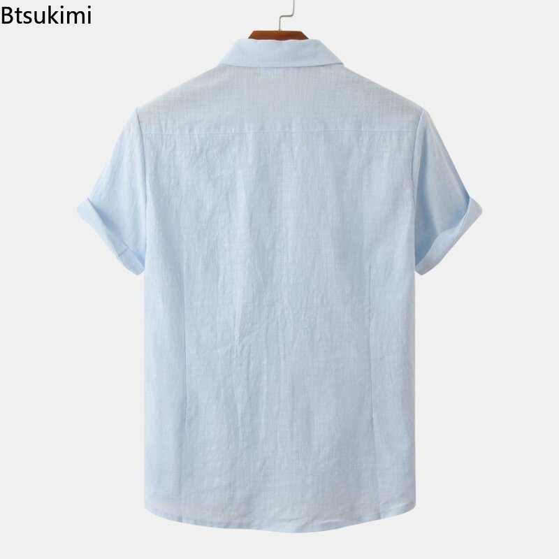 Мужская Однотонная рубашка с коротким рукавом, повседневная Простая рубашка из хлопка и льна в китайском стиле с лацканами, лето 2024