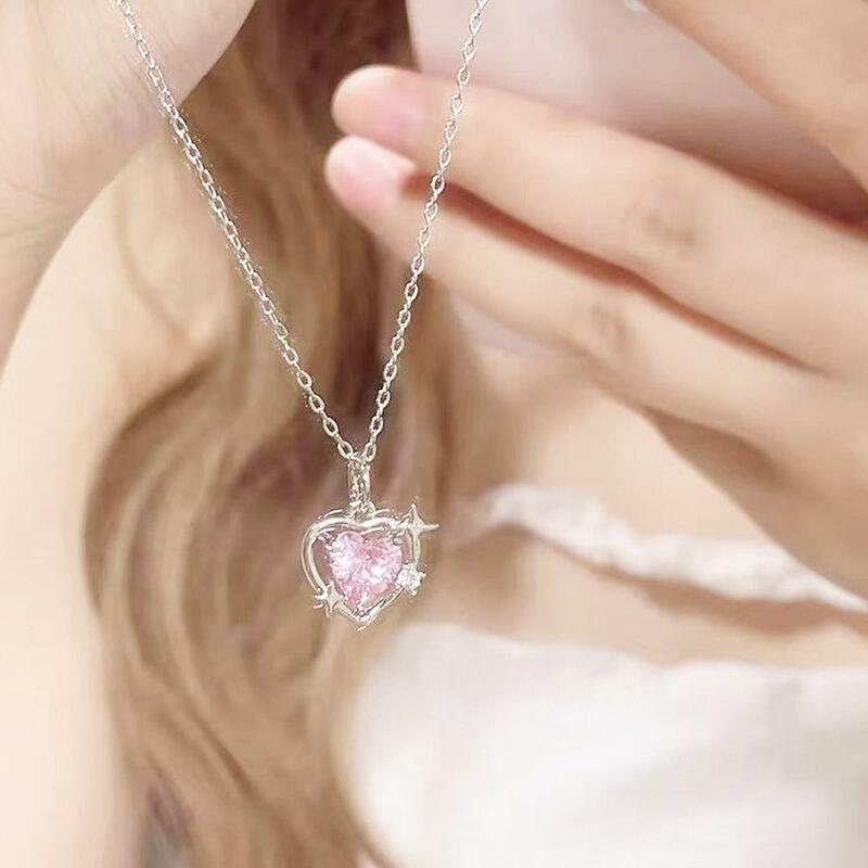 Kalung Cinta hati merah muda liontin tetesan air aksesori perhiasan rantai estetika kristal manis merah muda anak perempuan Y2k klavikula keren Q5h2