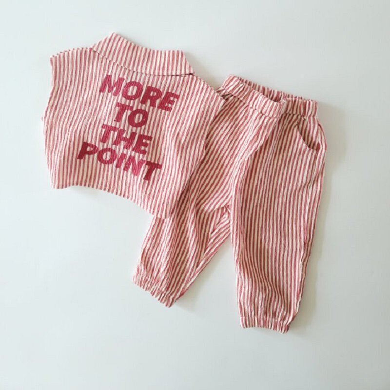Летняя детская одежда, новинка, полосатая рубашка без рукавов для девочек, топ и брюки, дышащий симпатичный комплект из рубашки и брюк с лацканами