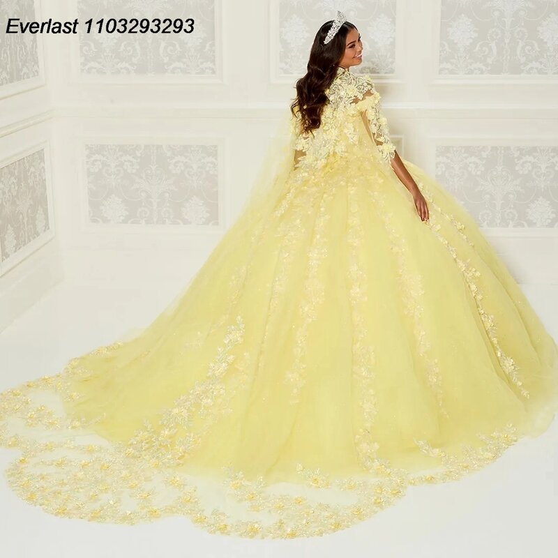 EVLAST Shiny Yellow Quinceanera Dress Ball Gown 3D Floral Lace Applique Beading With Cape Sweet 16 Vestido 15 De Años TQD237