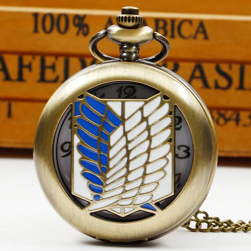 Blaue weiße Flügel Halskette Unisex Anhänger Uhr für Kinder Cosplay Vintage Bronze Quarz Taschenuhr Geschenke