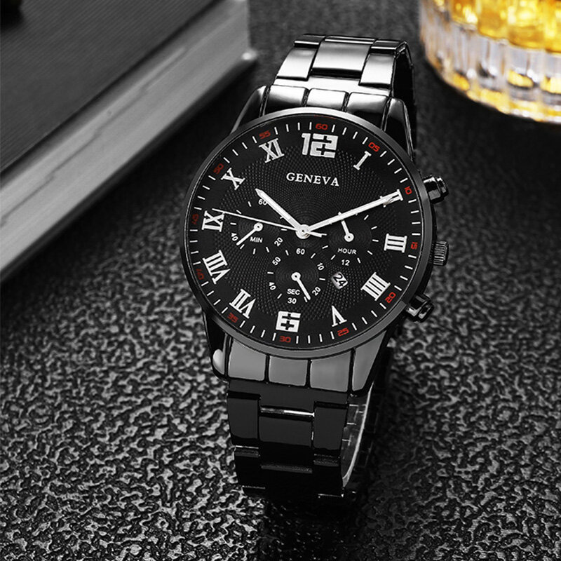 3 zestaw PC modne męskie zegarki kalendarz biznesowy męskie w stylu Casual, czarny bransoletka naszyjnik ze stali nierdzewnej kwarcowy zegarek Relogio Masculino