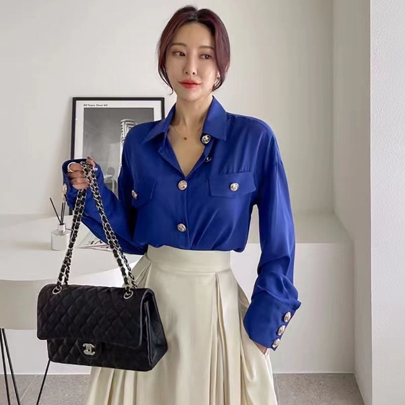 Blusa holgada de gasa para mujer, camisa de manga larga con botones, informal y elegante, color liso, moda coreana