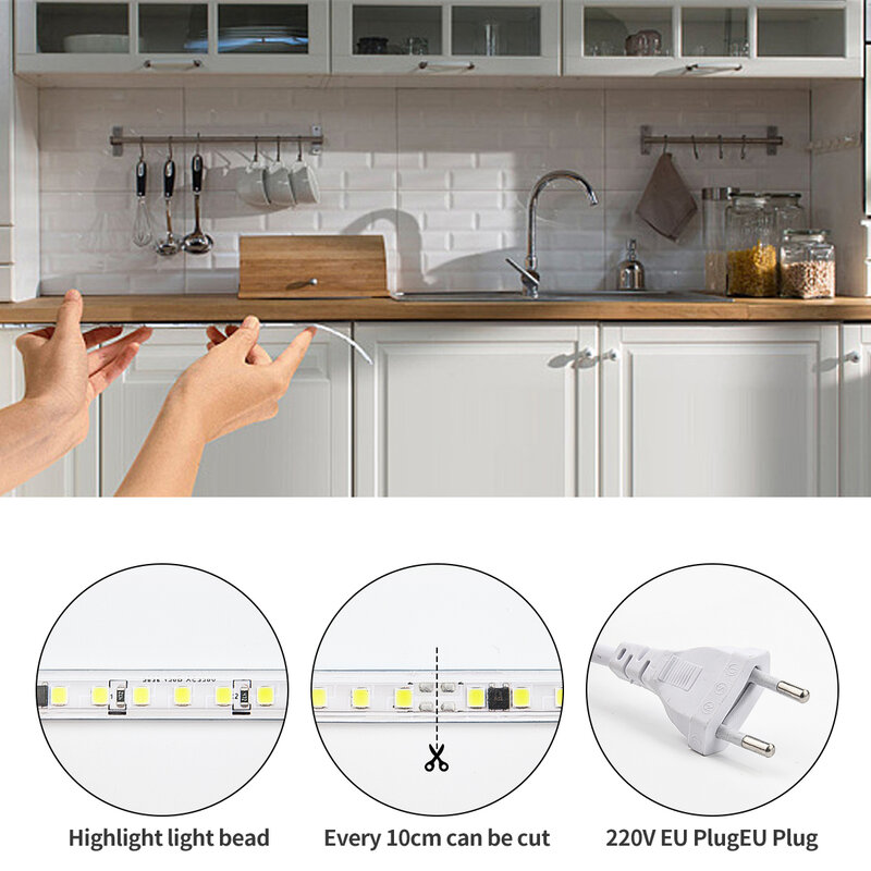 Impermeável branco quente LED Strip Light, flexível, SMD, ao ar livre, SMD2835, 1m, 2m, 5m, 10m, 20m, 25m, 220V