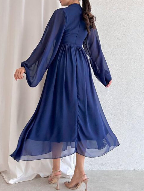 여성용 아름다운 원피스 하프 하이 칼라 플리츠 드레스, 긴팔 슬림, 우아한 블랙 쉬폰 원피스, 2024 여름