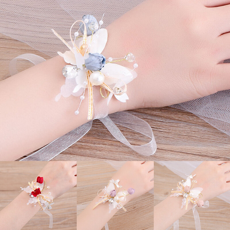 Bridesmaid Wrist Flower para casamento, pérola, strass, rosa, flores da mão, corsage, pulseira nupcial, acessórios de jóias