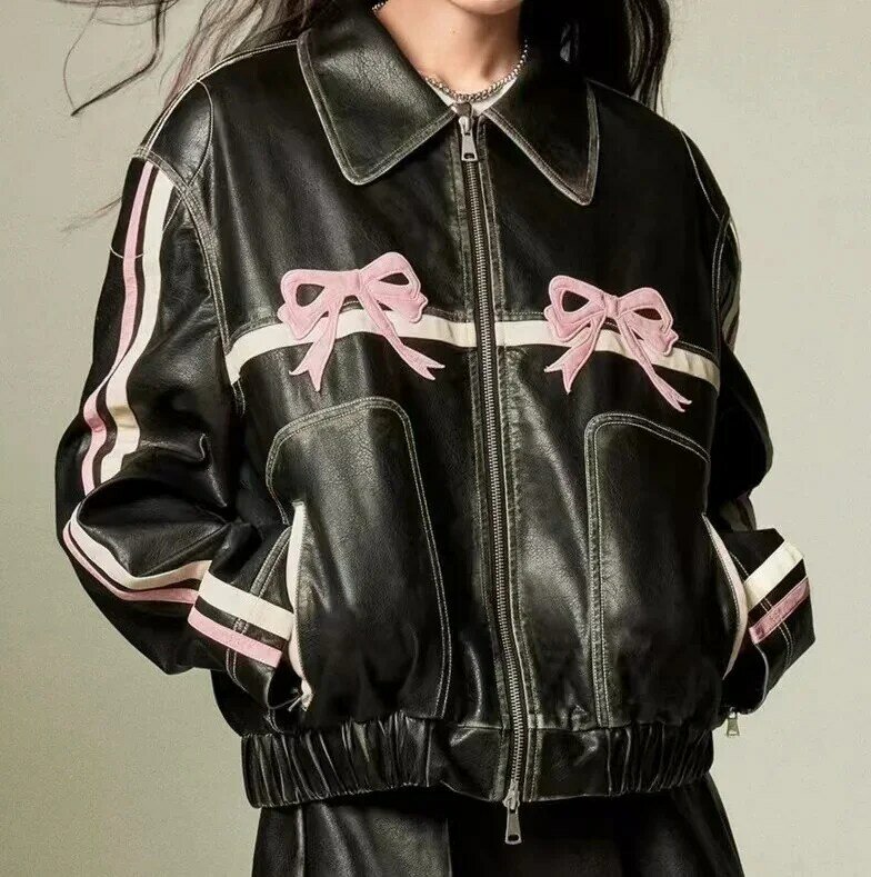 2024 New Women's Sweet Cool Bow Retro Black Leather Jacket To Show Off Your Sexy Figure Bomber Jacket Women Fashion Coats