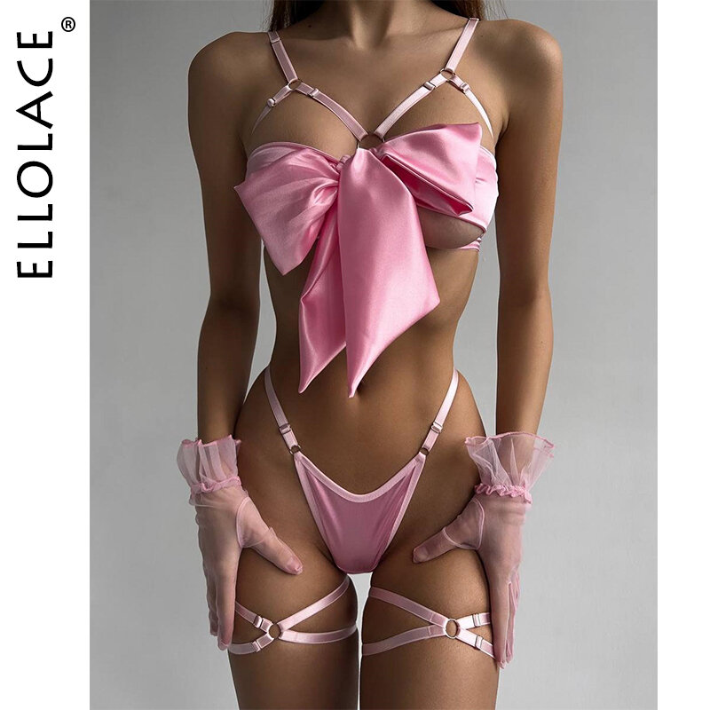 Ellolace Bowknot Lingerie Open Bra Lace Up Sexy Underwear 3-Piece Satin Erotic Outfit Young Girls Uncensored Bilizna Set Of Sex