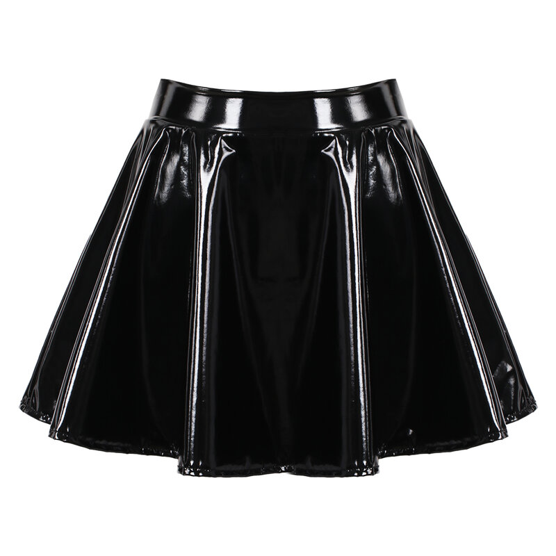 Women's Glossy Latex  Patent Leather Wet Look Flared Pleated Mini Skater Skirts Casual Latex A-line Short Mini Skirts Clubwear