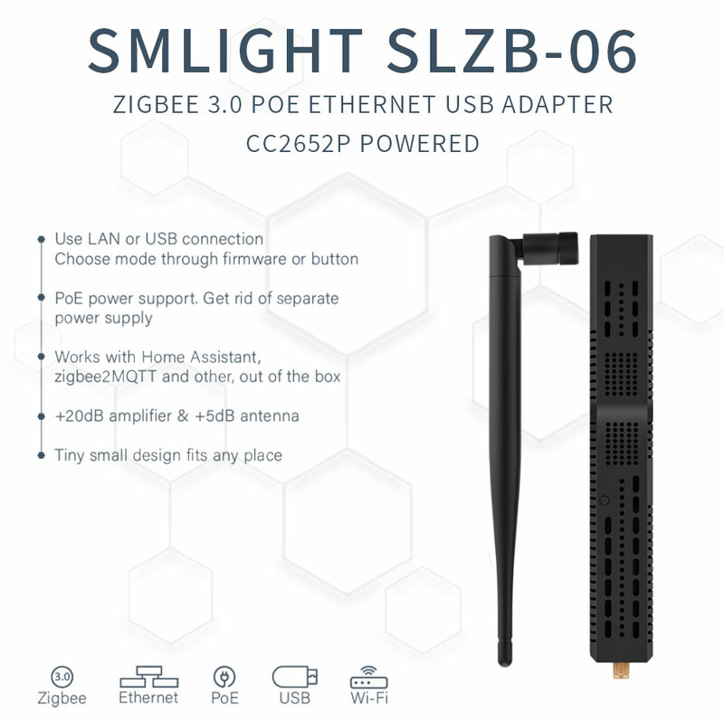 Adaptador USB e Wi-Fi com suporte PoE, SMLIGHT SLZB-06-A, Zigbee 3.0 para Ethernet, funciona com Zigbee2MQTT, Home Assistant, ZHA