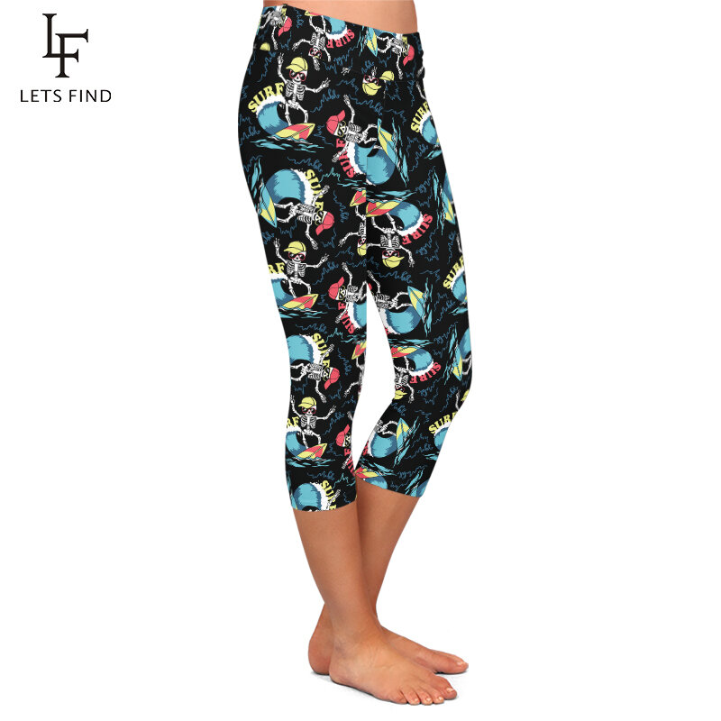 LETSFIND-Leggings Capri elásticos de cintura alta para mujer, pantalones de media pantorrilla con estampado 3D de esqueleto que atrapa una ola en el Surf, Fitness, verano, 3/4