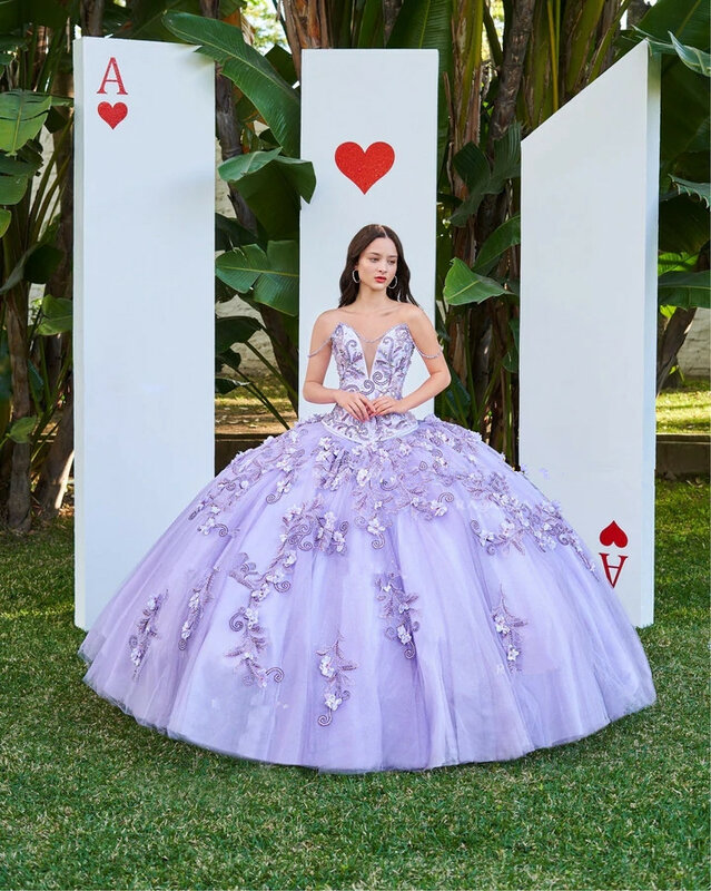 Lila Quinceanera Kleider Ballkleid V-ausschnitt Tüll Appliques Mexikanischen Süße 16 Kleider 15 Anos