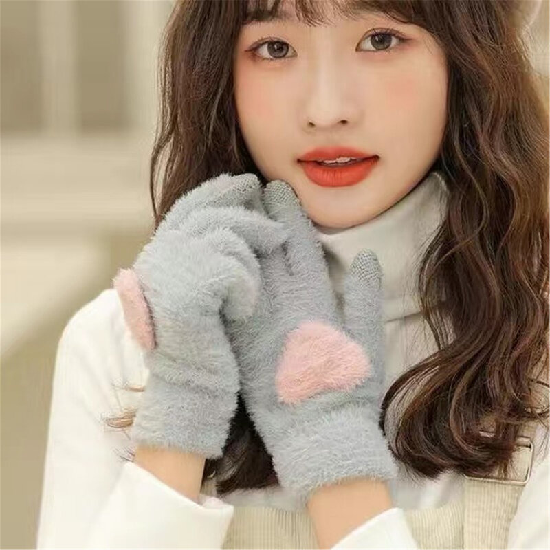 1 para miłość, serce, różowe rękawiczek damskich pluszowe rękawiczki jesienno-zimowych grubych rękawiczek pełne rękawiczki dziewczynek ciepłych rękawiczki do ekranu dotykowego