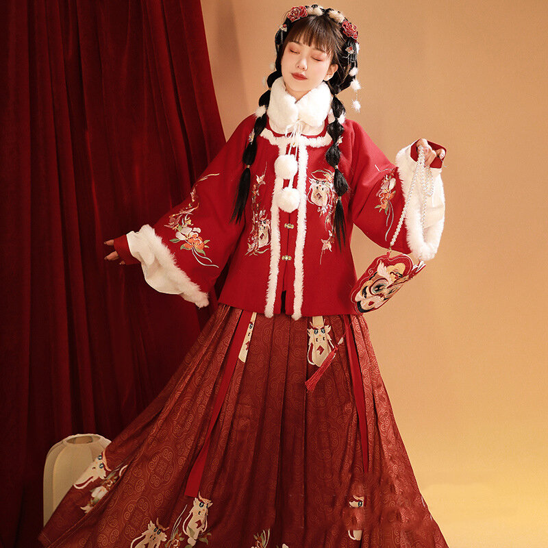 Jesienno-zimowe zagęszczone kobiety Hanfu klasyczne Retro chińskie ubrania noworoczne wykwintne haftowane kostiumy do tańca ludowe z nadrukiem
