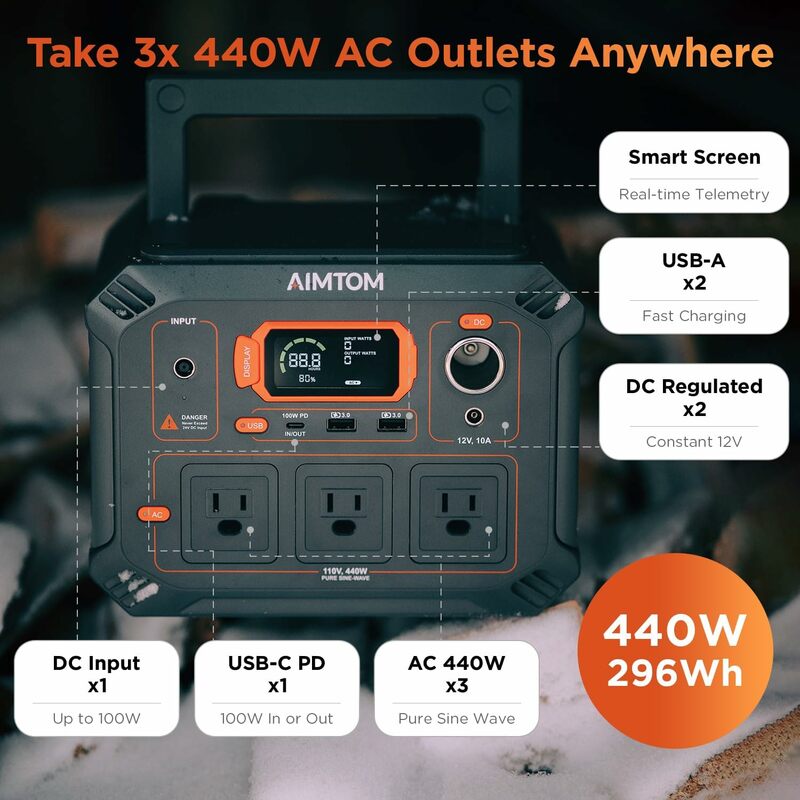 Portable Power Station Rebel400, 3x 440W (800W Surge) AC Outlets, LED, USB, DC, Type-C, 296Wh Lithium Battery Solar Generator