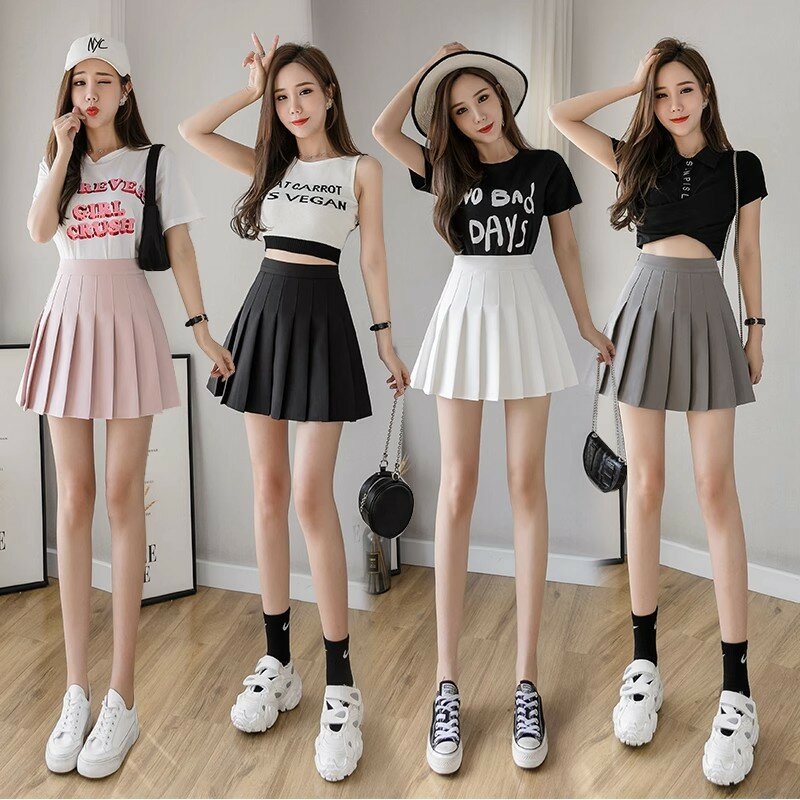 New Fashion Four Seasons Short Skirt Women's Pleated Skirt JK Uniform Skirts (Lengthened + Safety Pants + Zipper + Button)