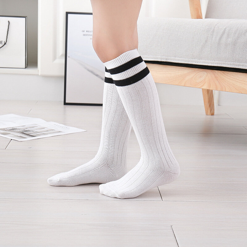Cotton Baby Boys Girls Knee High Long Socks Classic White Stripes Solid Breathable Double Needle Children School Uniform Socks