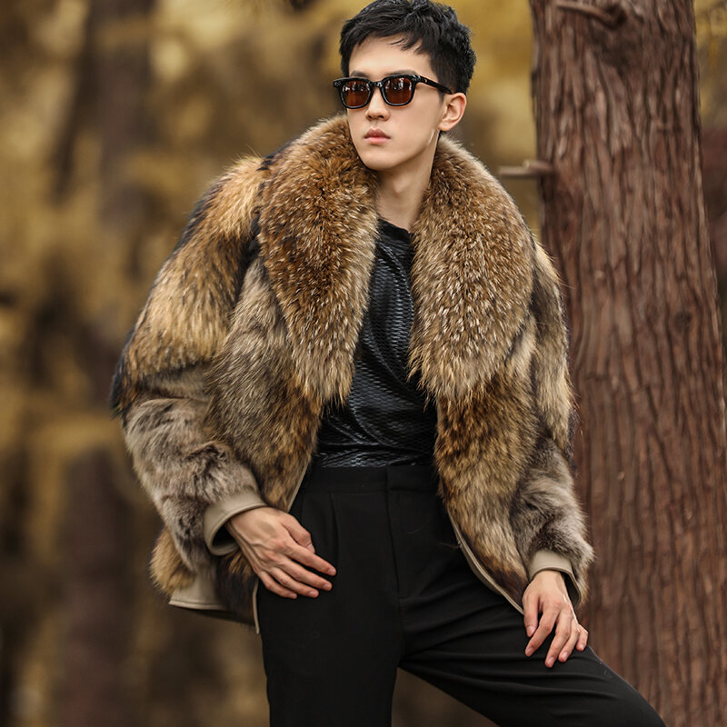 Fangtai-abrigo de piel de mapache para hombre, abrigo cálido de lujo, chaqueta de moda, chaleco con solapa de talla grande, Arder, invierno, 2003