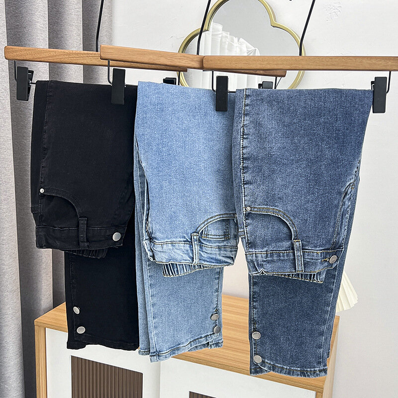 Plus Size czarne dżinsy typu Drainpipe dla kobiet z wysokim stanem i guzikami, rozpinane, wąskie, bawełniane spodnie do kostek