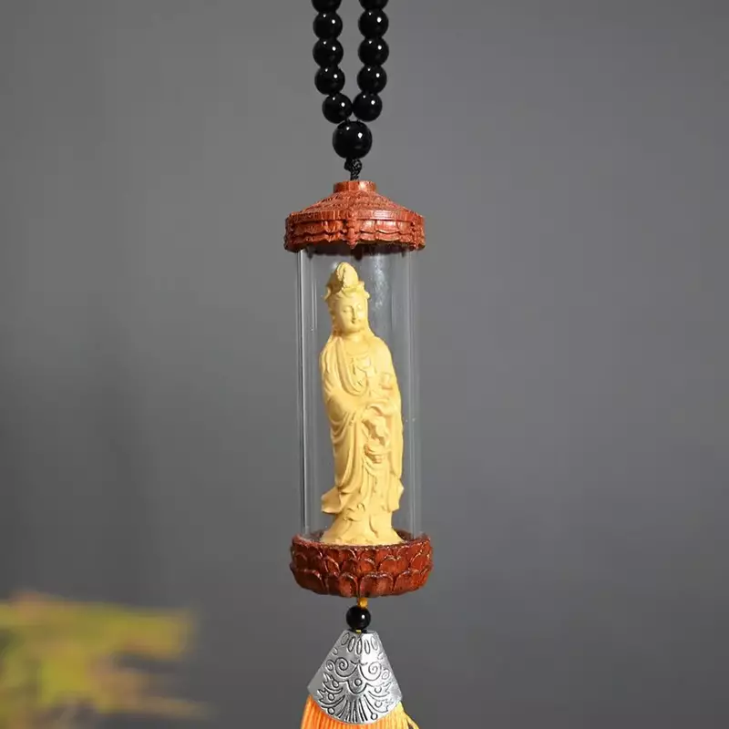Boxwood Clean Bottle Guanyin Car Hanging Decoration Pendant Buddha Wood Carving Crafts Rearview Mirror Car Hanging Bless safety