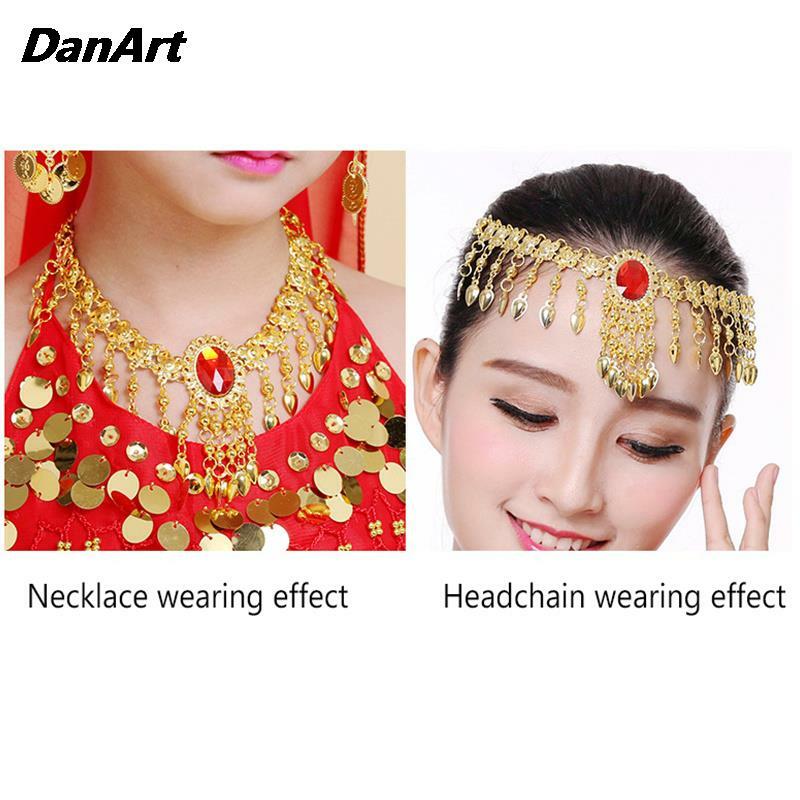Girls Shiny Belly Dance Neckchain Headchain Indian Dance Gorgeous Necklace Stage Performance Costume Accessories