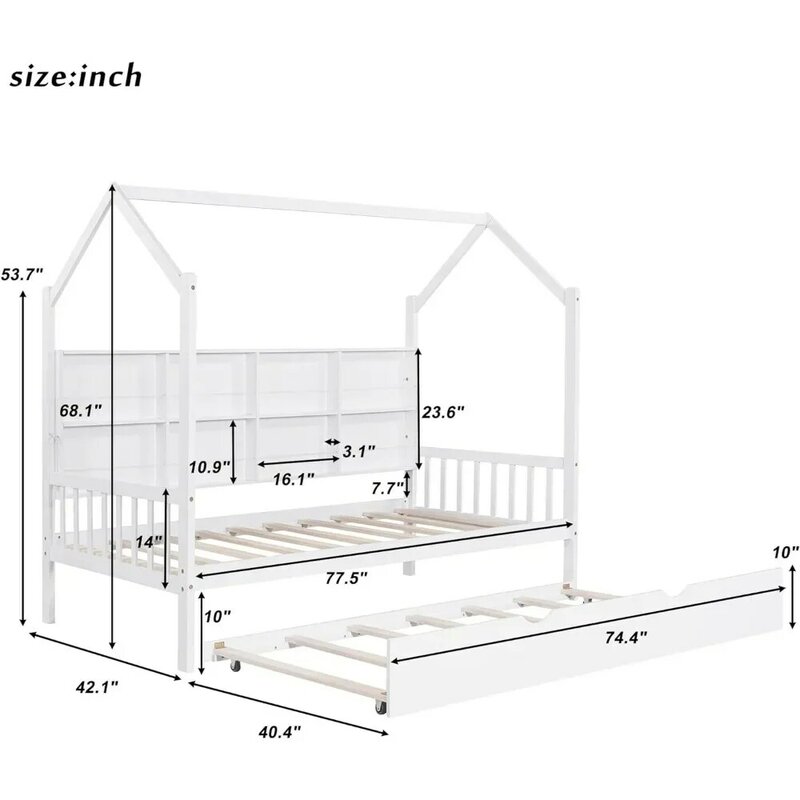 Lit de chalet moderne pour enfants avec quille, traverses de toit triangulaires, lits jumeaux, étagères avec espace de rangement et cadre solide