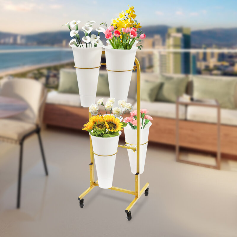 Flower Display Stand - 2-Tiers 6-Buckets Metal Plant Stand, Moving Flower Display Shelf for Home Decor Florist Display