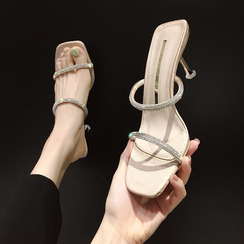 Zapatos de tacón alto con punta cuadrada para mujer, zapatillas de tacón de aguja con tira trasera para exteriores, fiesta, 2023