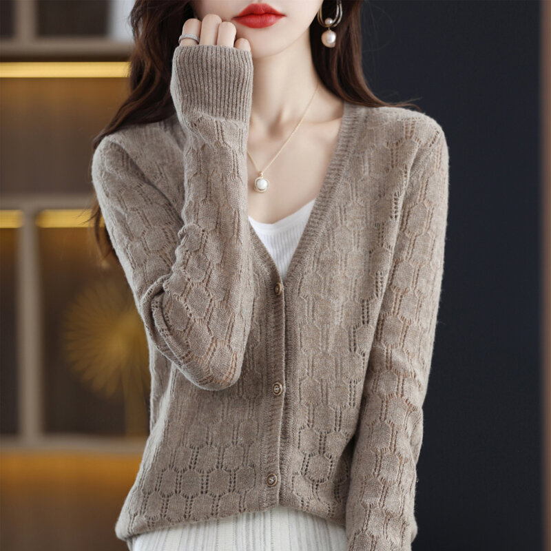 Cardigan feminino 100% lã australiana artesanato pesado oco temperamento versátil luz luxuoso de alto valor manga longa vestuário exterior